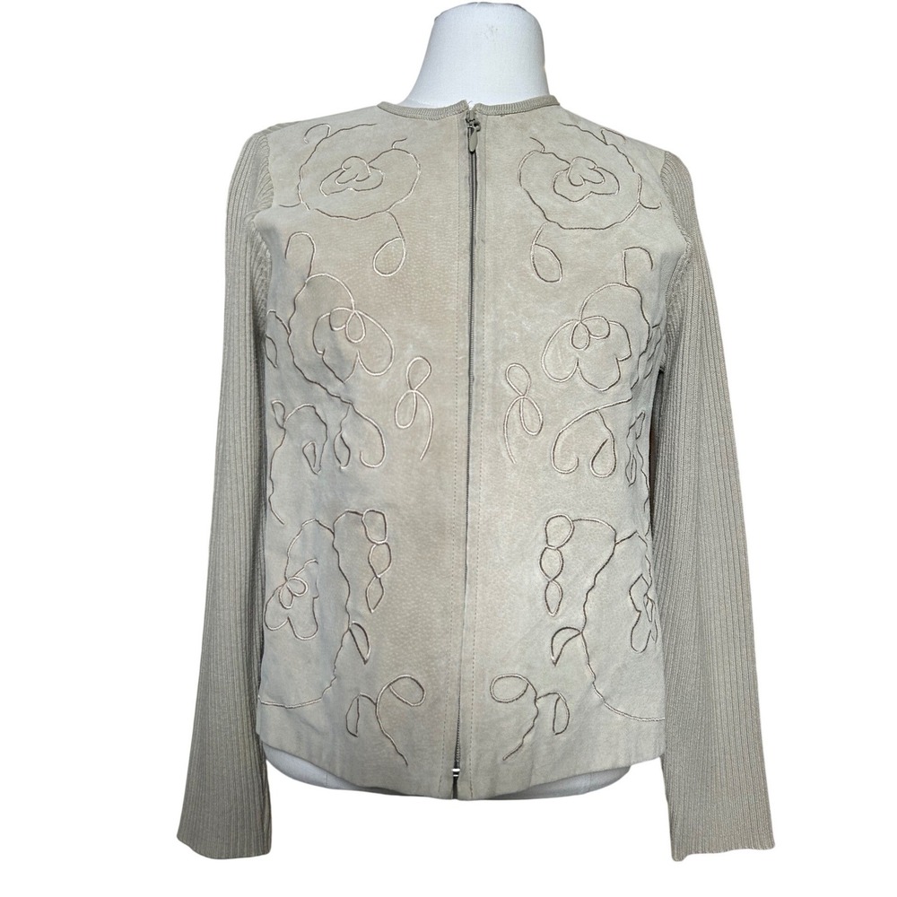 Vintage Suede Front Floral Embroidered Zip Cardigan Jacket Beige Chic‎ Boho PM